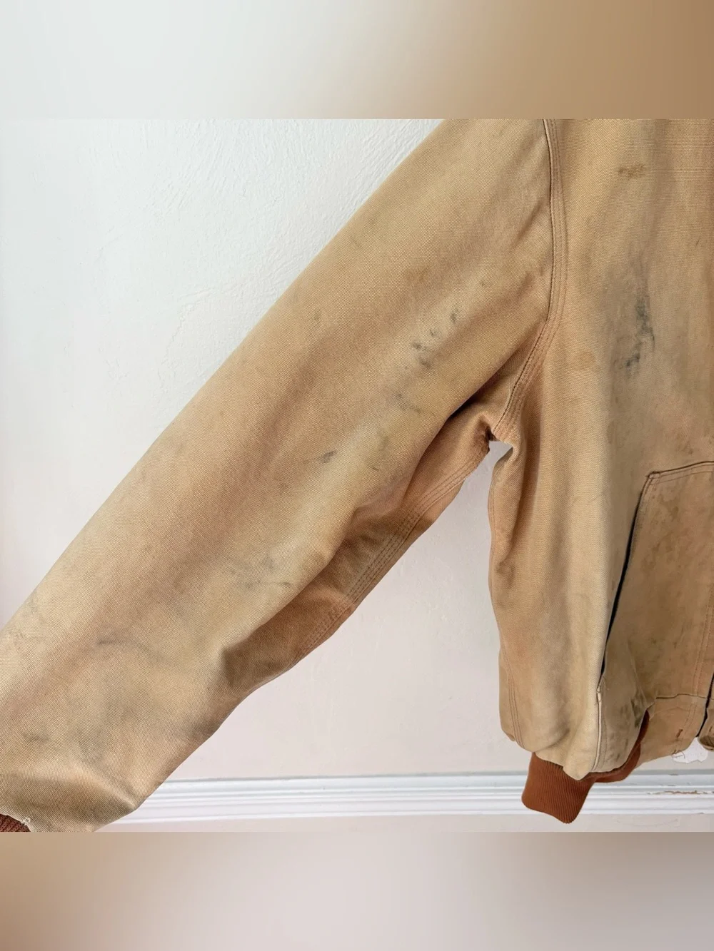 Vintage Carhartt Tan Duck Thrashed Faded Workwear Hooded Jacket Made in USA